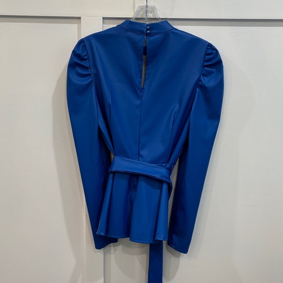 New York & Company Elegant Blue Long Sleeve Top with Tie Waist - Picture 2 of 4